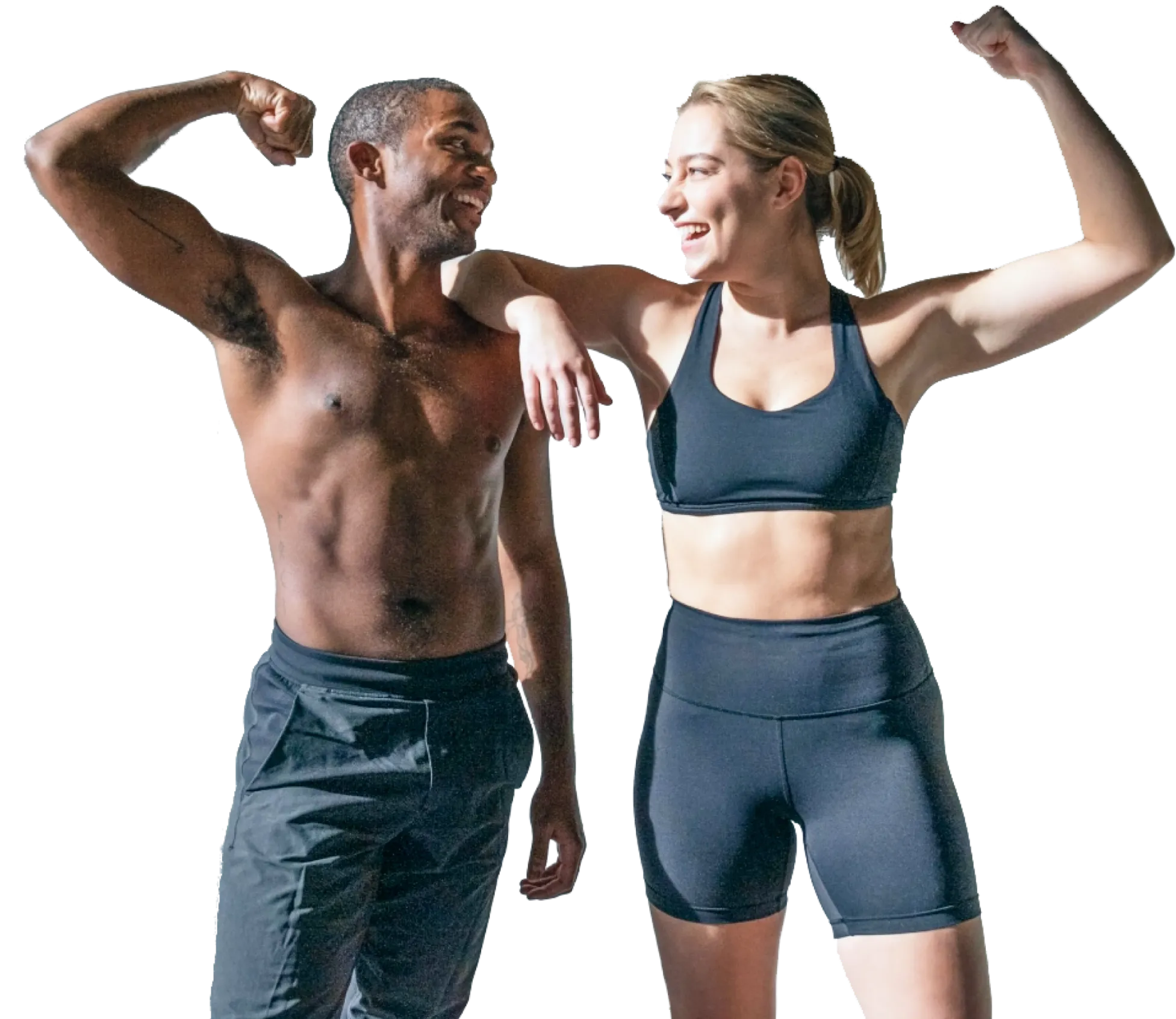 Man and woman flexing in athletic clothes
